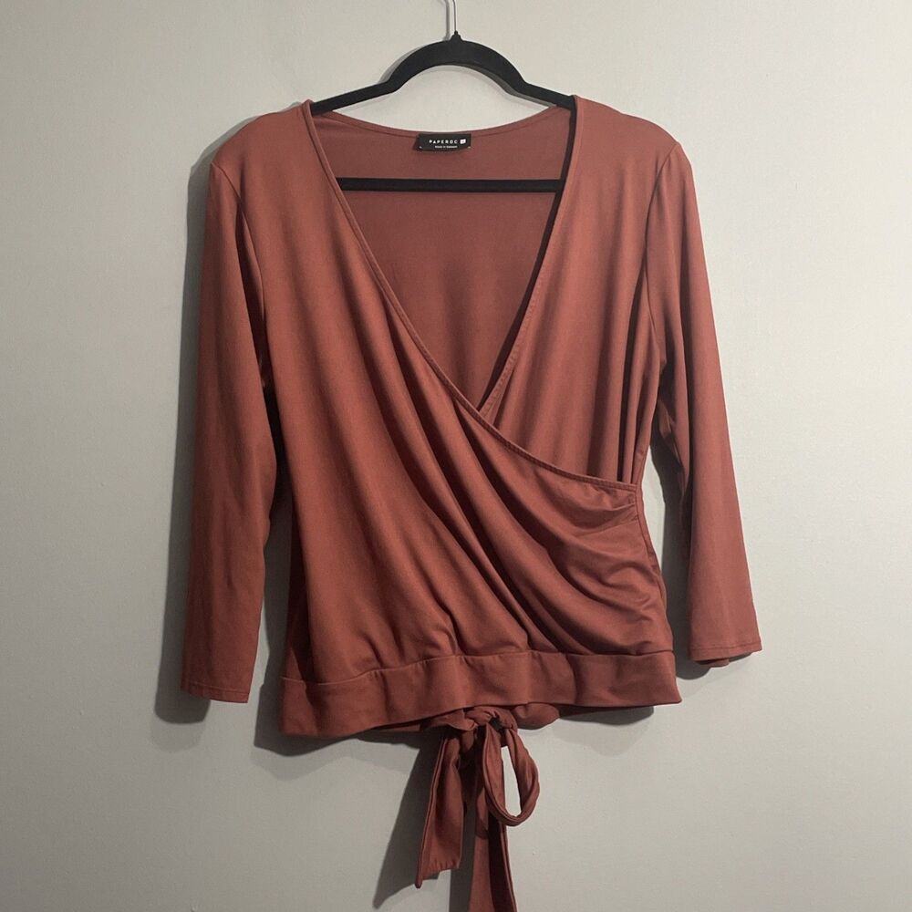 Paperoc Women's XL Rust Faux Wrap Tie Back Long Sleeve Blouse Top